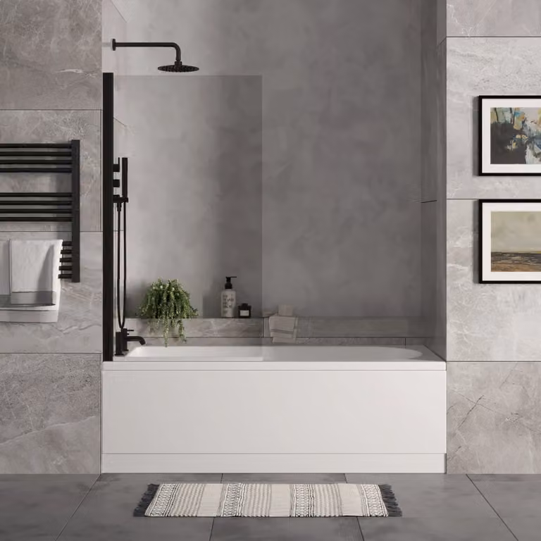 Balterley Round Single Ended Bath Set with Leg Set and Black Reversible Screen, White, W: 170 cm, D: 70 cm