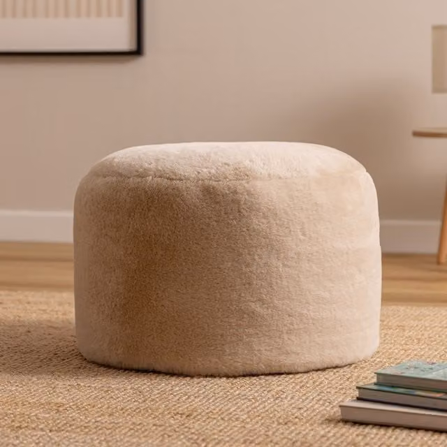 Icon Milano Rabbit Faux Fur Round Footstool Bean Bag in Natural Beige and Yellow