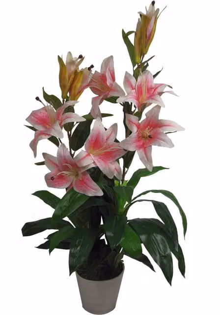 Pink Stargazer Style Artificial Lily Plant with Leaves