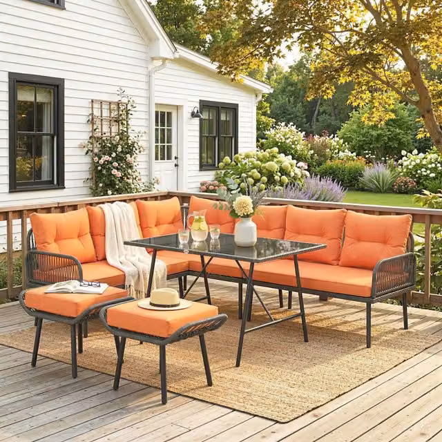Outsunny 6 Piece L-Shape Rattan Garden Furniture Set with Orange Upholstered Cushions and Coffee Table