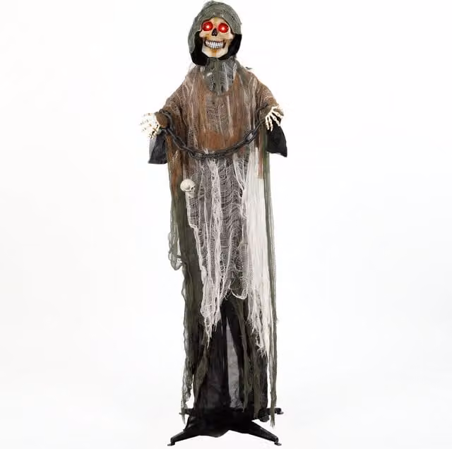 HOMCOM 170cm Animated Grim Reaper Halloween Animatronic with Moving Hands, Head, Glowing Eyes and Sound in Black and Red