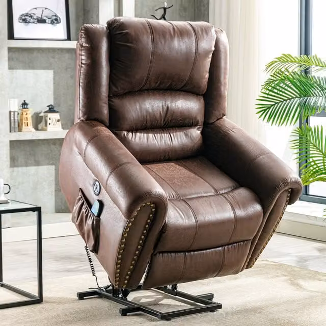 Home Touch Interior Large PU Faux Leather Power Lift Recliner Chair with Massage and Heat in Brown