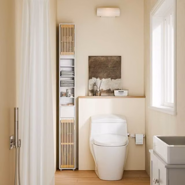 SoBuy Slim Tall Bathroom Cabinet in White MDF with Hinged Doors and Internal Shelves, Height: 180 cm