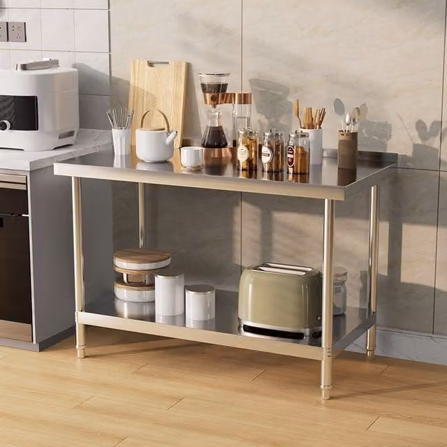 Livingandhome Height Adjustable Two-Tier Stainless Steel Workbench with Backsplash, Silver, Width: 120 cm
