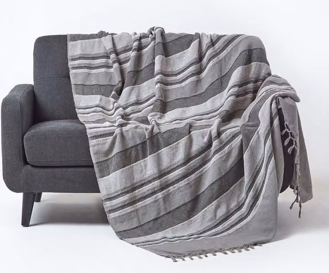 Homescapes Morocco Striped Cotton Woven Throw in Grey, W/D/H: 255 x 360 cm