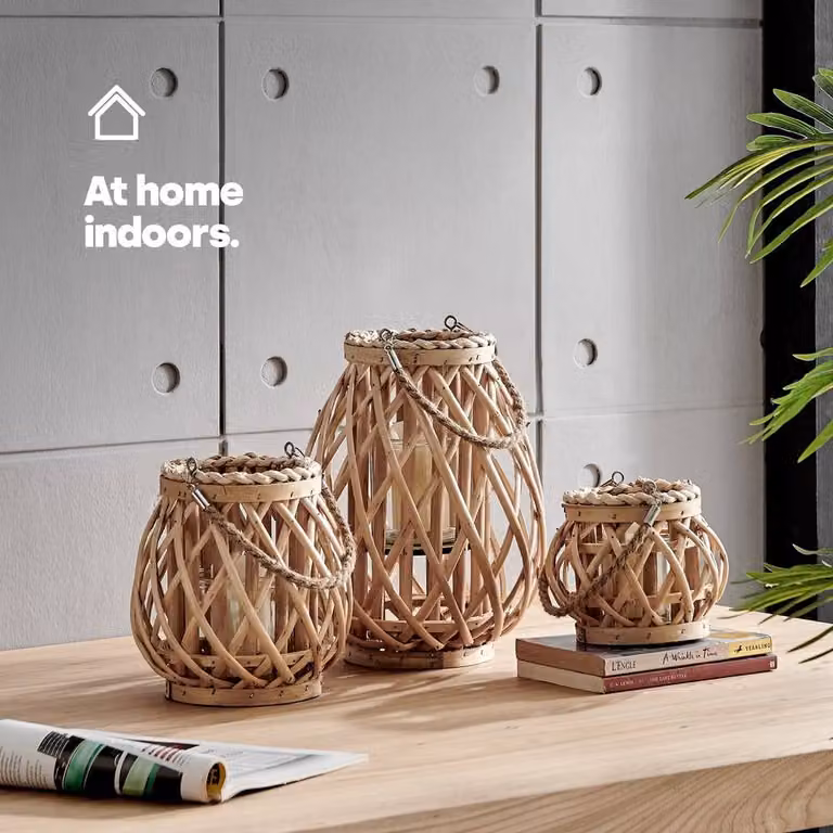 LIVIVO Set of 3 Rustic Wicker Candle Lanterns in Grey and Beige with Rattan and Glass Details