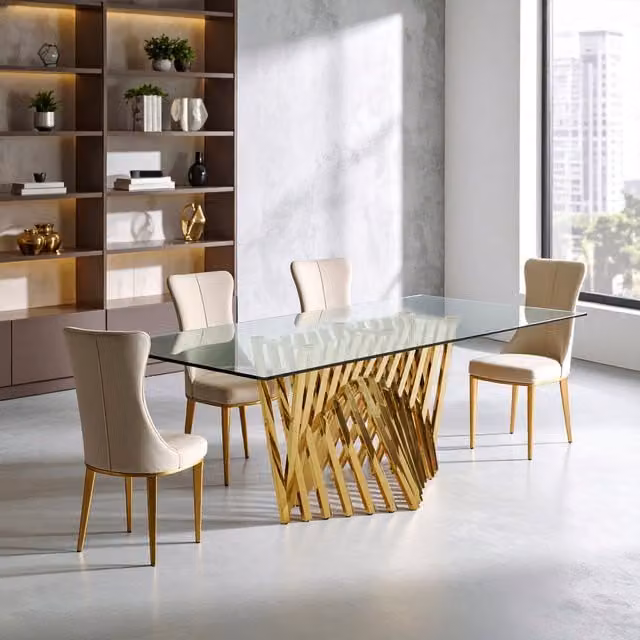Orsina Arezzo Rectangular Tempered Glass Top Dining Table with Gold X-Frame
