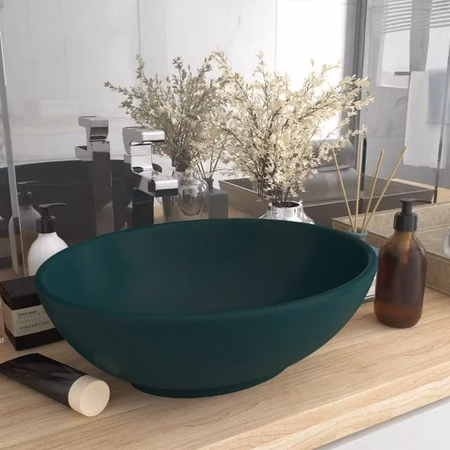 Berkfield Home Luxury Oval Ceramic Countertop Basin in Matt Dark Green, W: 40 cm, D: 33 cm
