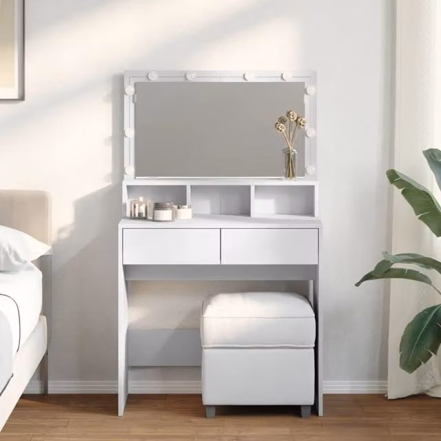 Berkfield Home Modern White LED Hollywood Dressing Table W/D/H: 80 x 41 x 134.5 cm