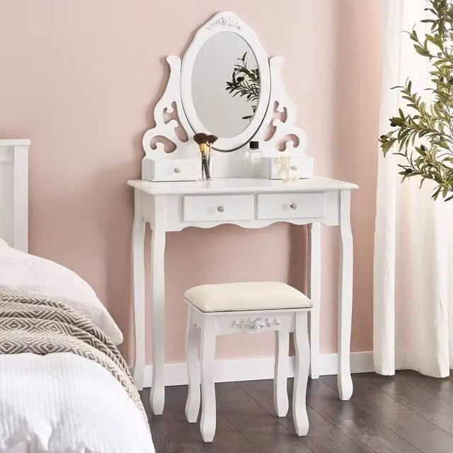 Wyld and Coco Scandinavian White Dressing Table with 4 Drawers and Adjustable Mirror