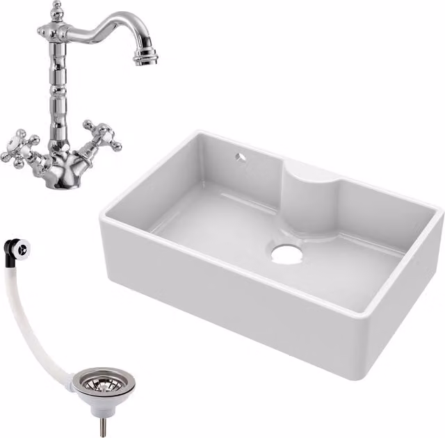 Balterley White Fireclay 1 Bowl Butler Sink with Overflow, Tap Ledge and Waste, Width: 795 mm