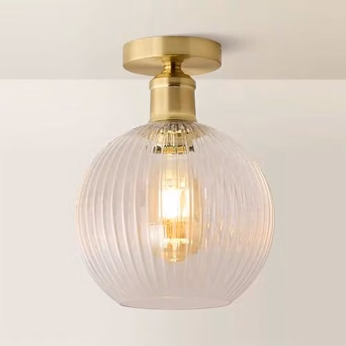 ValueLights Maddison Clear Ribbed Glass Sphere Flush Ceiling Light with Bulb in Gold/Brass