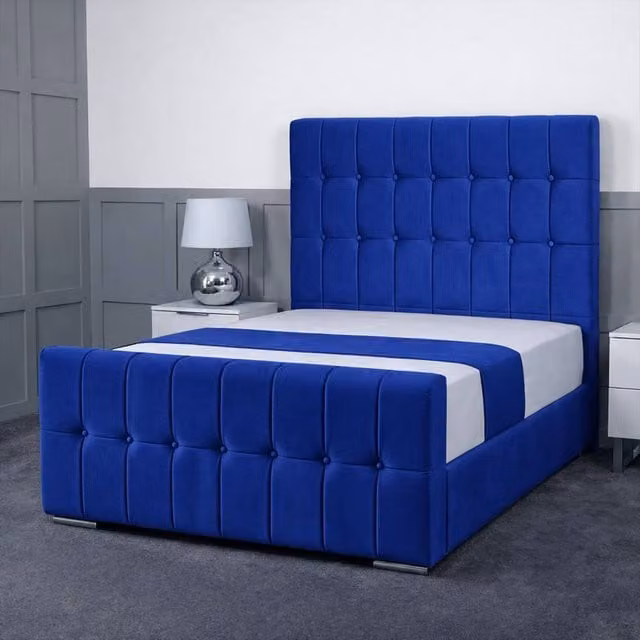 Living Comfort Bedz Belmont Single Plush Velvet Upholstered Bed with Slatted Base and 48 Inch Headboard in Blue