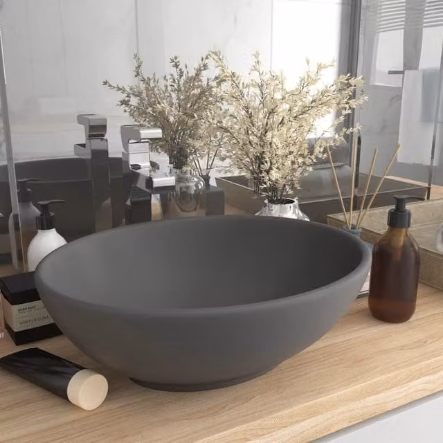 Berkfield Home Luxury Oval Ceramic Countertop Basin in Matt Dark Grey, W: 40 cm, D: 33 cm