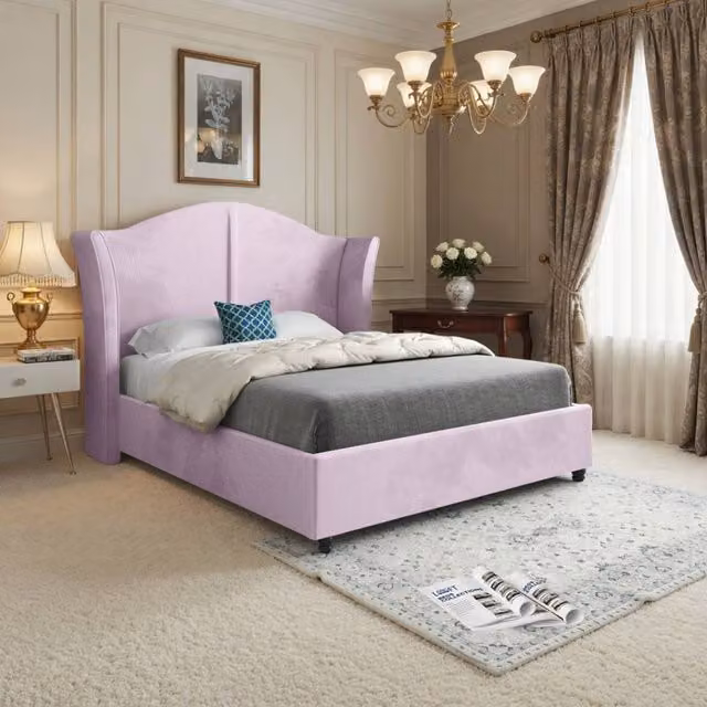 KDMD Wilsden Curved Winged Upholstered Designer Bed Frame in Pink Soft Velvet, Super King, W/D/H: 200 x 137 x 189 cm