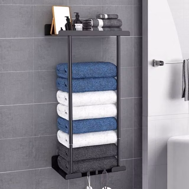 EONLION Black Metal Adjustable Tension Rod Towel Holder and Bathroom Storage Rack