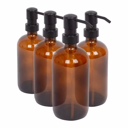 Harbour Housewares Amber Glass Soap Dispensers, Pack of 4, 500ml Refillable Bottles with Black Pumps