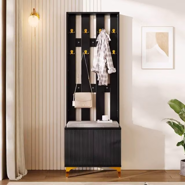 Rolipo Black Wardrobe Set with Shoe Bench and Wave Texture Soft Close Doors
