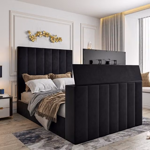 Casani Jameson Upholstered Soft Velvet Line TV Bespoke Bed Frame in Emerald Green, King Size (180 x 200 cm)