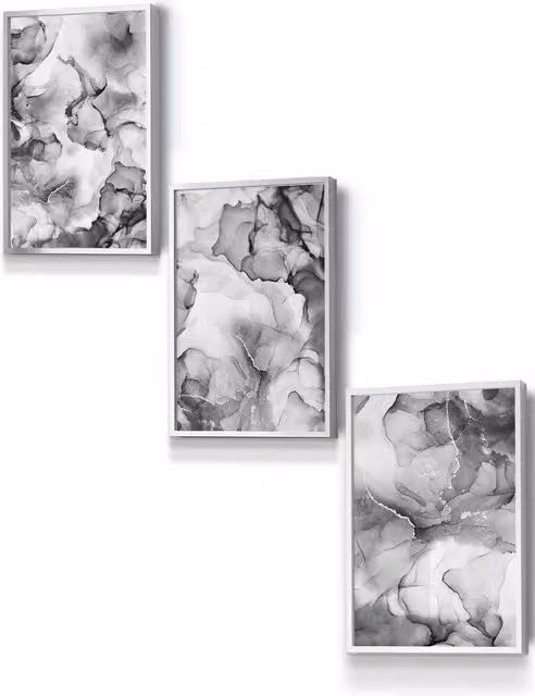 ARTZE Set of 3 Abstract Floral Fluid Wall Art in Grey and White with Silver Frames, W: 33 cm, H: 45 cm, D: 2 cm