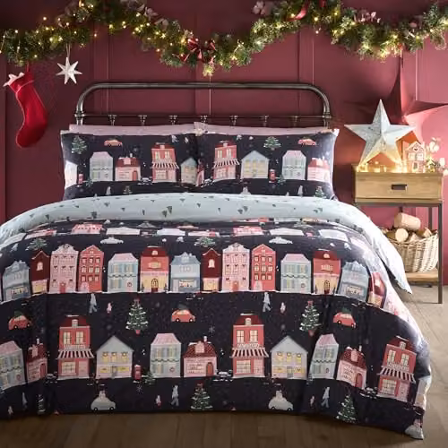 Fusion Christmas Houses Navy Duvet Cover Set with 2 Pillowcases, Super King, 260 x 220 cm