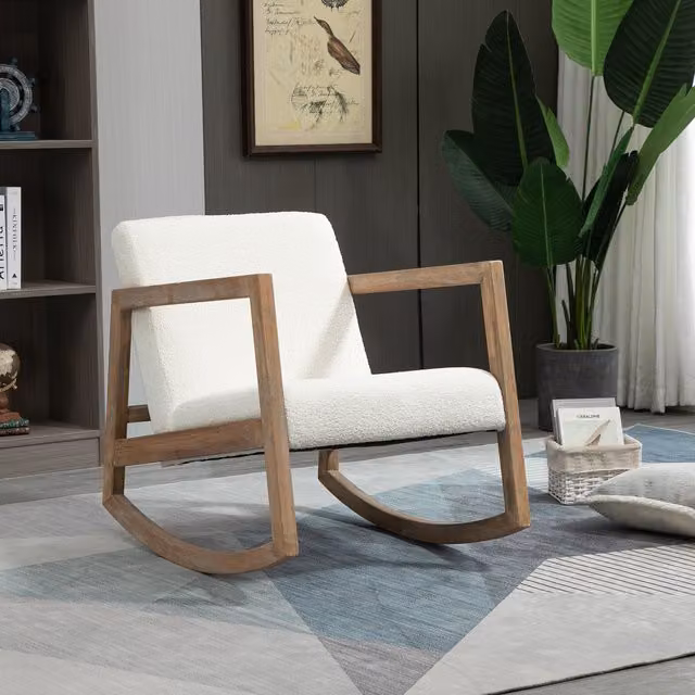 HOMCOM Scandinavian Bouclé Rocking Chair with Armrests and Solid Wood Base in Beige and White