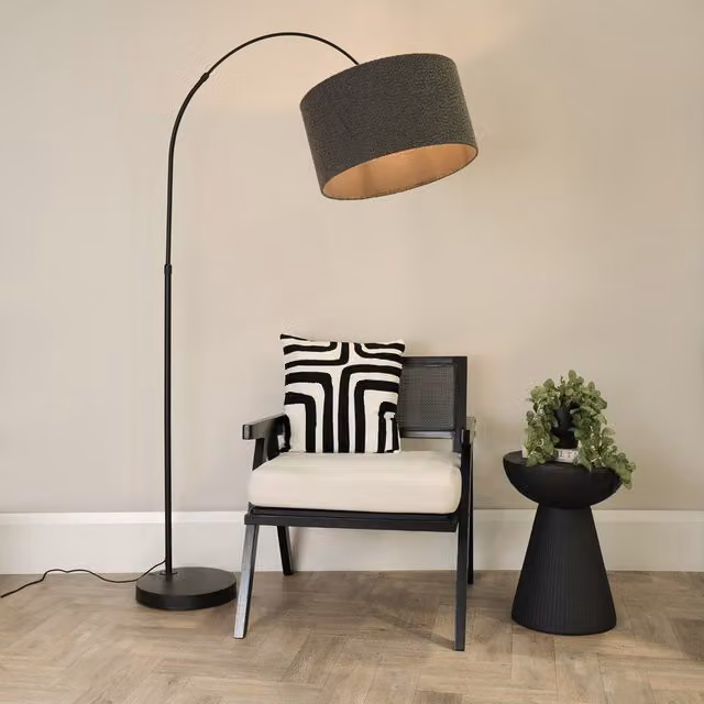 ValueLights Louis Modern Arc Floor Lamp with Fabric Drum Shade in Grey and Black
