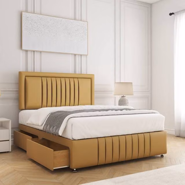 BSSPOKE Lily Small Double Divan Bed with 24 inch Headboard, 2 Drawers, Footend and Mattress in Mustard Yellow Plush Velvet
