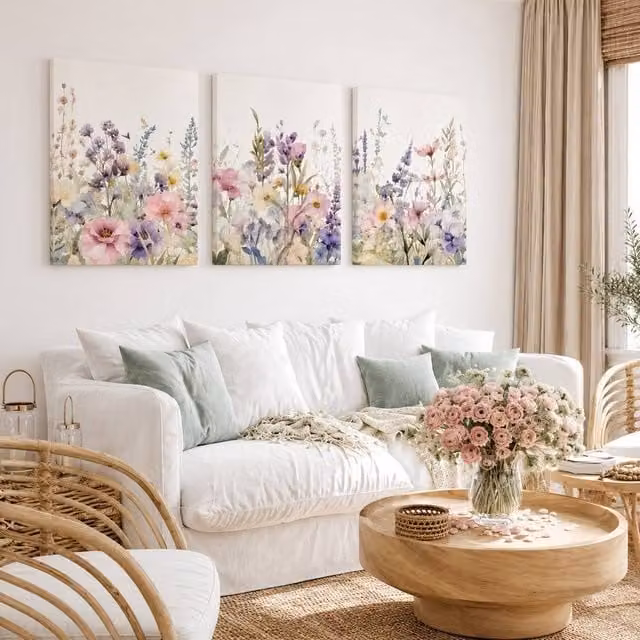 Mafett Set of 3 Modern Floral Canvas Wall Art, Multicolour Pink, Green and White Botanical Illustration, W: 45.7 cm, H: 61.0 cm