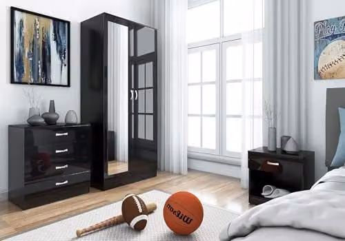 Harmin Modern Black High Gloss 3 Piece Bedroom Furniture Set