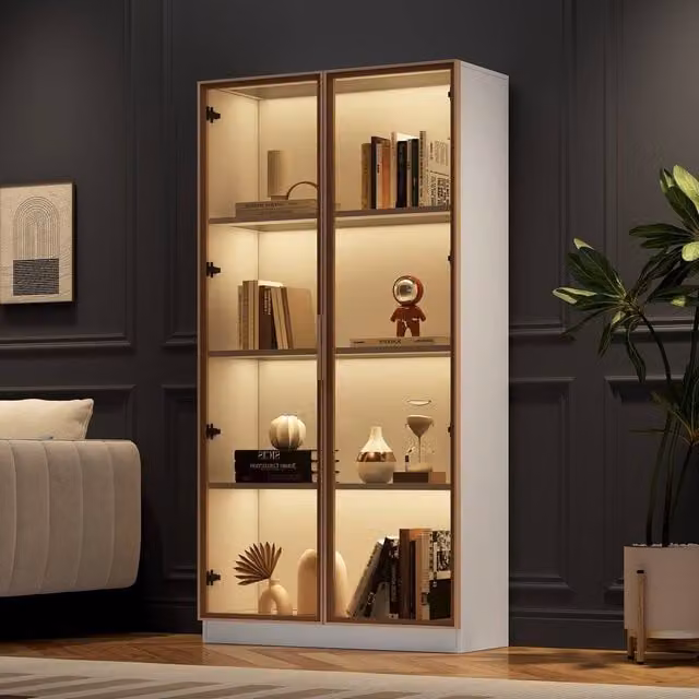 Rolipo White Modern Glass Display Cabinet with Integrated LED Lighting and Internal Shelves, Height: 160 cm