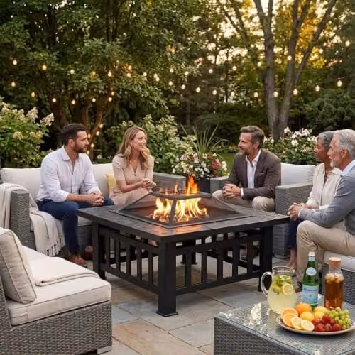 HIRIX 3 in 1 Outdoor Fire Pit Table in Black, Multifunctional Metal Firepit with BBQ Grill, Mesh Lid and Poker for Garden, W/D/H: 31.9 x 31.9 x 31.9 cm