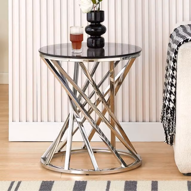 Comfy Living Silver Spiral Design Side Table with Round Glass Top