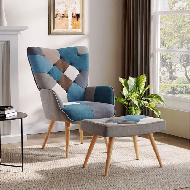 Komore Multicolor Terry Cloth Armchair with Matching Footstool in Blue and Grey