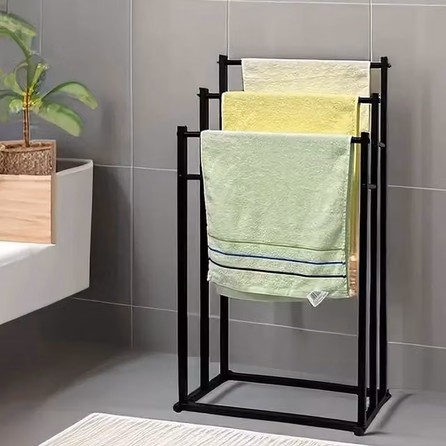VOGREX Black 3 Tier Freestanding Metal Towel Drying Rail Storage Rack, H 86.0 x W 44.0 x D 21.0 cm