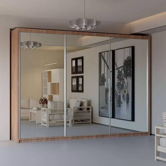 Sliding Wardrobes 4U Modern Double Sliding Door Wardrobe with Integrated Drawers in Walnut, W: 250 cm, H: 217 cm