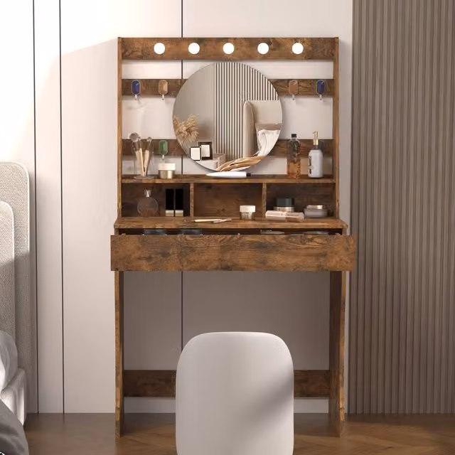 KEEPREAPER Hollywood LED Dressing Table with Adjustable Lighting in Brown