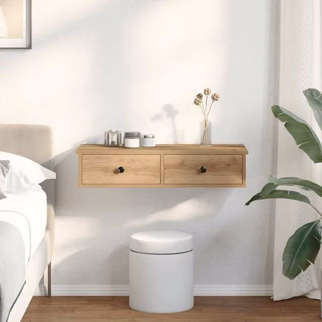 Berkfield Home Artisan Oak Wall Shelf with Drawers in Brown, W/D/H: 80 x 31 x 17 cm