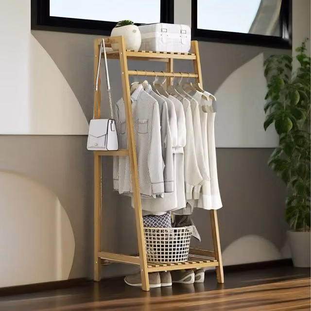 Pirlo Plush Bamboo Clothing Rail with Shelves in Natural Brown, Height: 140 cm