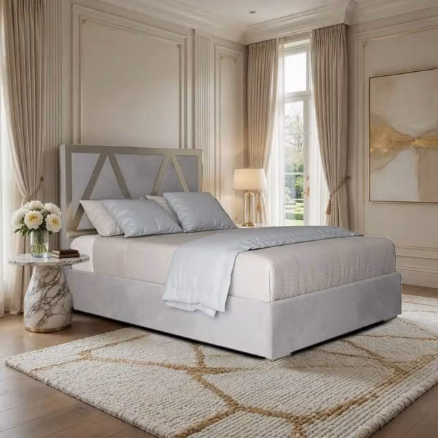 KDMD Exbourne Upholstered Soft Velvet Designer Bed Frame in Grey with Metal Accents, W/D/H: 140 x 200 x 135 cm