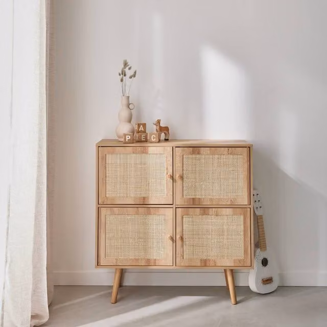 Sweek 4-Door Light Brown Wood Effect Chest of Drawers with Rattan Detail