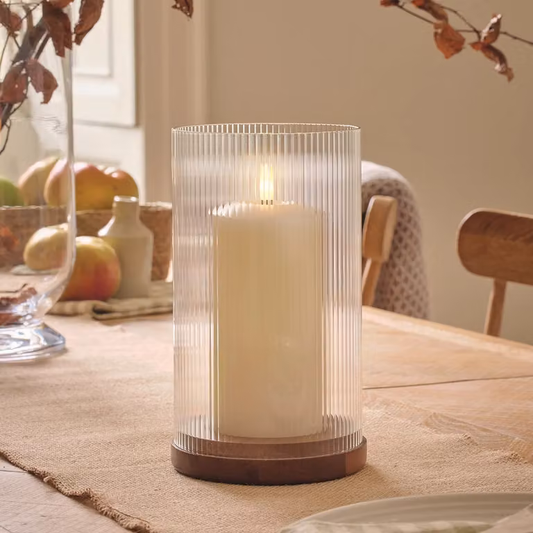 Lights4fun TruGlow Large White LED Pillar Candle with Fluted Glass Hurricane Holder and Remote Control