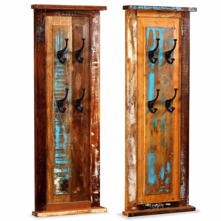 Berkfield Home Set of 2 Antique Multicolour Reclaimed Wood Coat Racks with Metal Hooks, W/D/H: 38 x 38 x 100 cm