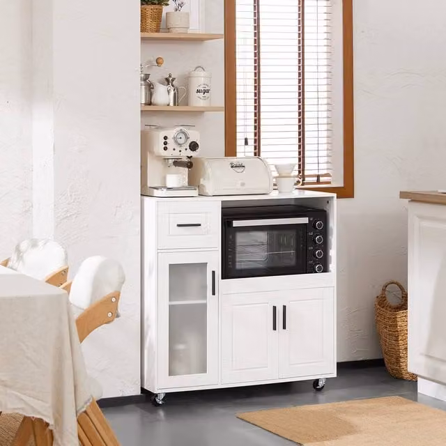 SoBuy White Rustic Kitchen Trolley with Glass Doors and Appliance Housing Unit