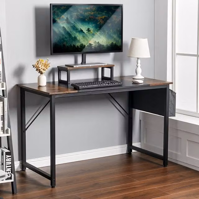 Livingandhome Tiger Grain Computer Desk with Side Storage Bag in White, Width: 140 cm