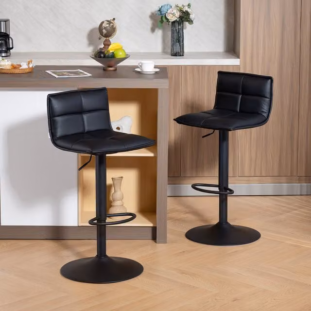 HOMCOM Set of 2 Black Synthetic Leather Swivel Bar Stools with Height Adjustable Metal Legs