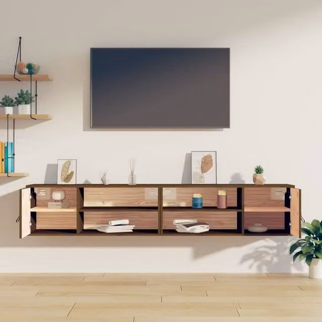 Berkfield Home Set of 2 Wall Mounted Cabinets in Honey Brown Solid Pine, W/D/H: 80 x 30 x 30 cm
