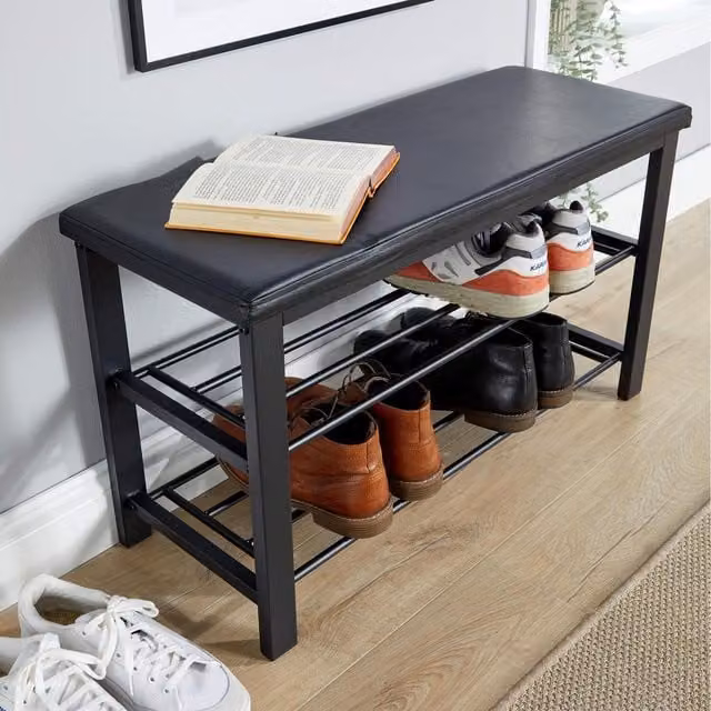 Home Source Sleaford Modern Upholstered Shoe Bench with Black Metal Frame
