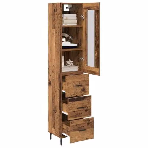 vidaXL Modern Brown Old Wood Highboard Tall Unit with Hinged Doors and Internal Shelves, W/D/H: 34.5 x 34 x 180 cm