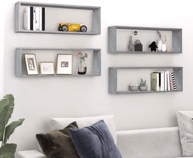 Berkfield Home Wall Cube Shelves, 4 Piece Set in Grey Sonoma, W: 80 cm, D: 26.5 cm, H: 15 cm